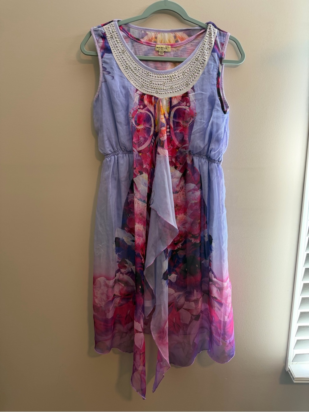 ONE WORLD Lavender and Pink Floral Chiffon Dress with Beaded Neckline